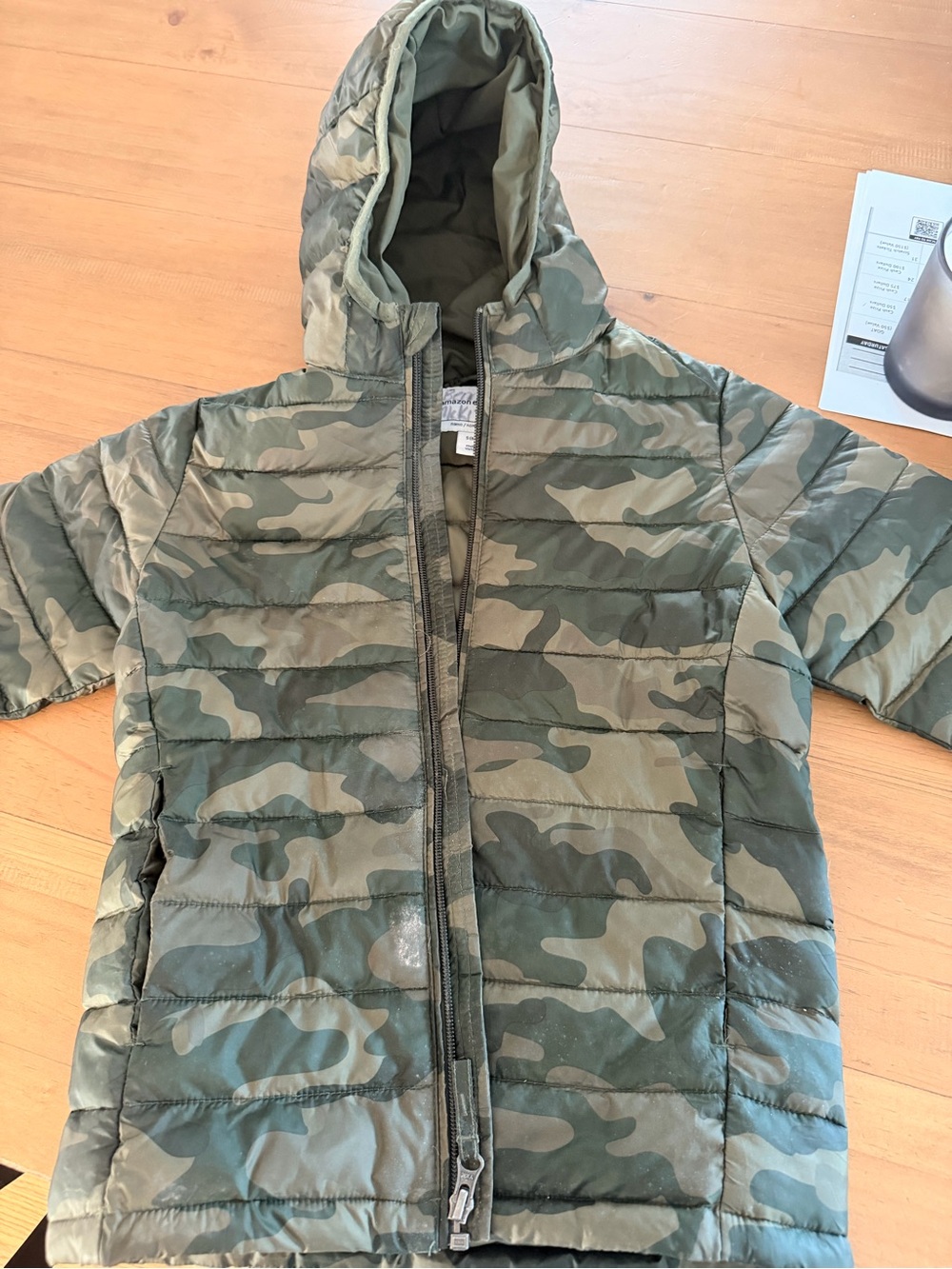 Amazon Camo Hooded Puffer Jacket in Olive and Dark Green